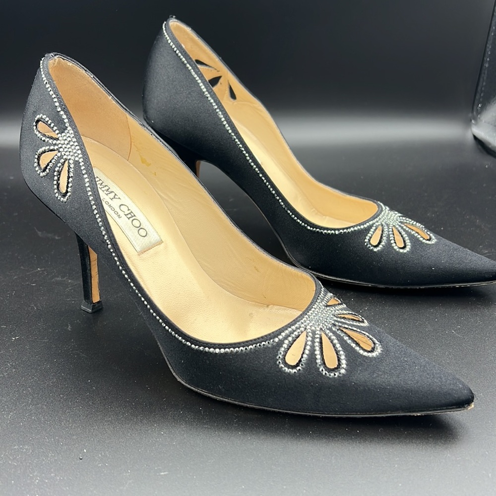 Jimmy Choo black satin rhinestone pumps.  Size 38.5